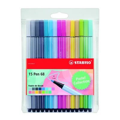 STABILO Pen 68 - 15 Feutres pointe moyenne - coloris pastel